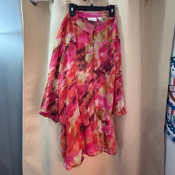 Chico’s Size 2 Sheer Tunic Blouse Pink Multicolor Abstract Print - Picture 2 of 4